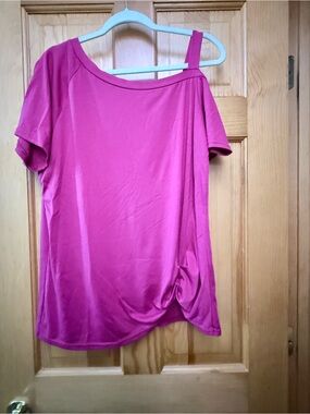 Asymmetrical One-Shoulder Ruched Tunic Top | Fuchsia Pink | Size XL